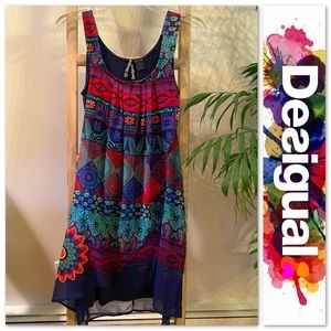 DESIGUAL Sleeveless Blue Multi-Color Abstract Print & Asymmetrical Hemline